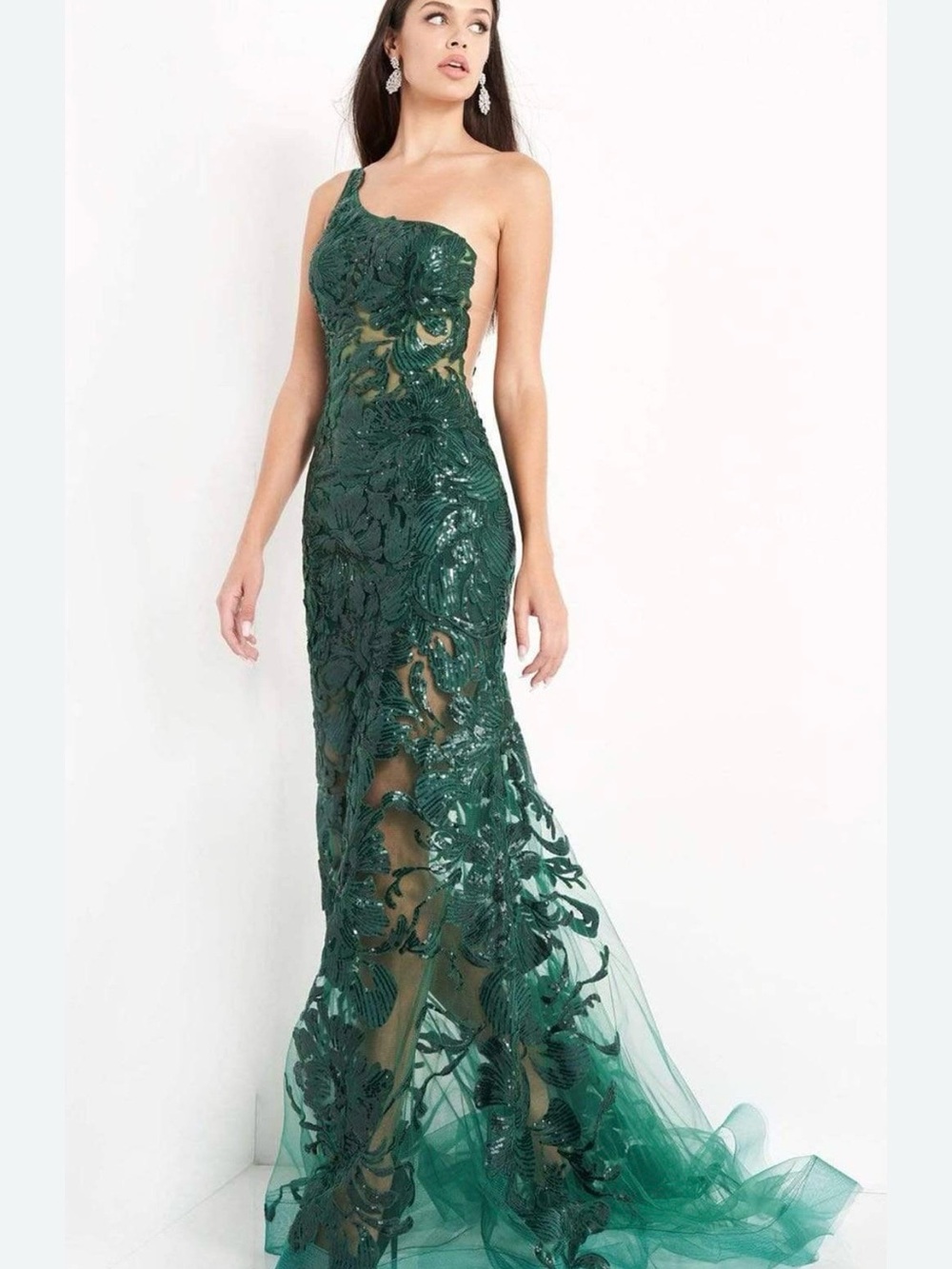 Jovani One-Shoulder Emerald Green Sequin Applique Gown $$750 new never worn